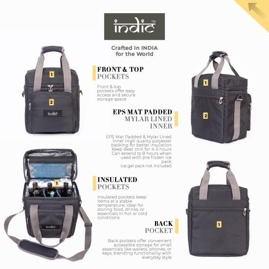 Indic Premium Beer Bag – 6 Bottle Insulated Cooler Tote with Shoulder Strap & Organizer Pocket