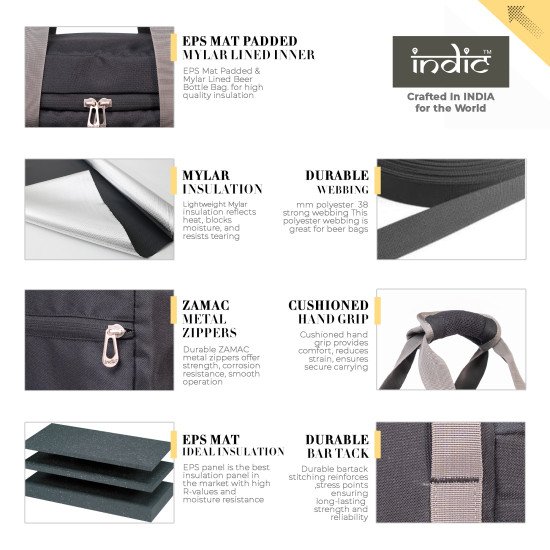 Indic Premium Beer Bag – 6 Bottle Insulated Cooler Tote with Shoulder Strap & Organizer Pocket