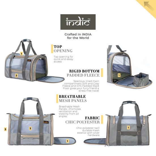 INDIC Polyester Soft-Sided Pet Carrier Bag for Cats -Small Dogs & Rabbits – Soft-Padded Rigid Bottom Breathable, Foldable Travel Bag with ZAMAC Slider– 17L x11Wx12H inches