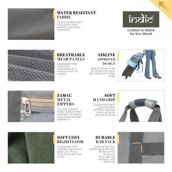 INDIC Polyester Soft-Sided Pet Carrier Bag for Cats -Small Dogs & Rabbits – Soft-Padded Rigid Bottom Breathable, Foldable Travel Bag with ZAMAC Slider– 17L x11Wx12H inches