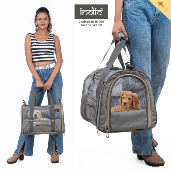 INDIC Polyester Soft-Sided Pet Carrier Bag for Cats -Small Dogs & Rabbits – Soft-Padded Rigid Bottom Breathable, Foldable Travel Bag with ZAMAC Slider– 17L x11Wx12H inches