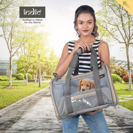 INDIC Polyester Soft-Sided Pet Carrier Bag for Cats -Small Dogs & Rabbits – Soft-Padded Rigid Bottom Breathable, Foldable Travel Bag with ZAMAC Slider– 17L x11Wx12H inches